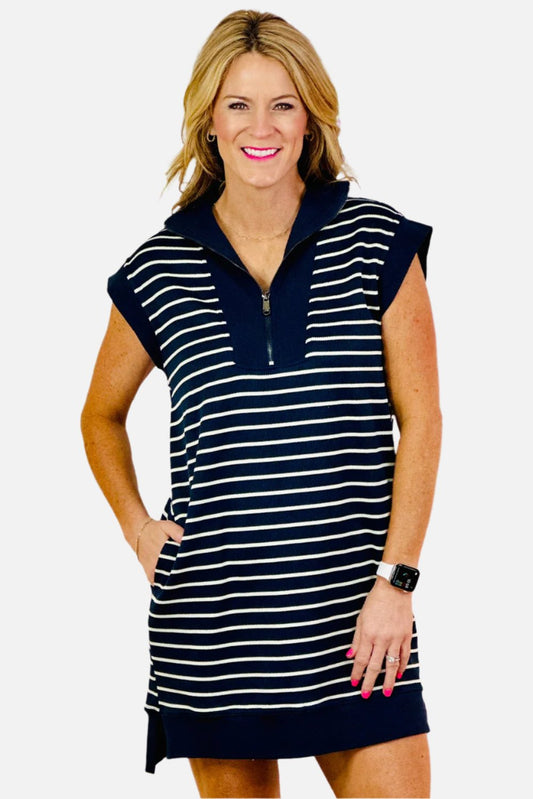 Navy Blue Striped Quarter Zip Collar Cap Sleeve Mini Dress