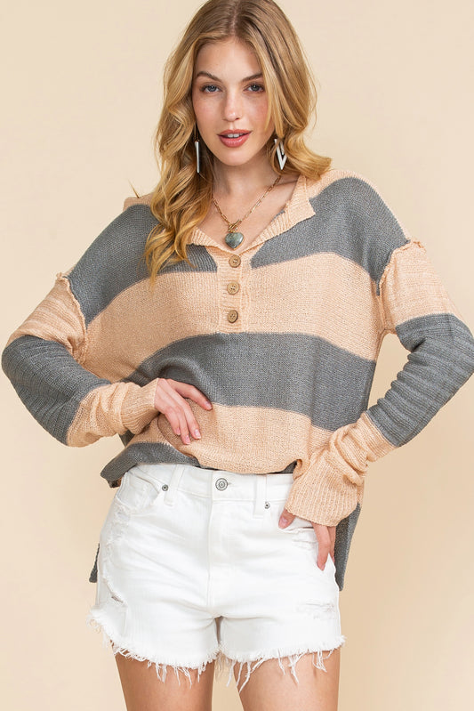 Khaki Colorblock Ribbed Contrast Trim Henley Sweater