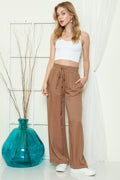 Black Plain Drawstring Shirred Elastic Waist Wide Leg Pants