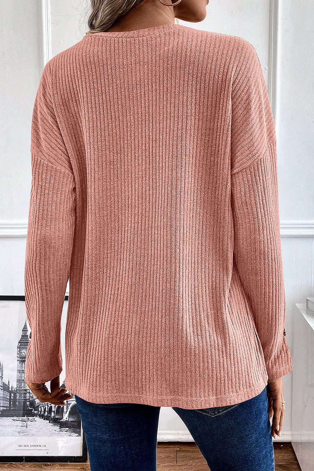 Rose Drop Shoulder Ribbed Knit Long Sleeve Henley Top