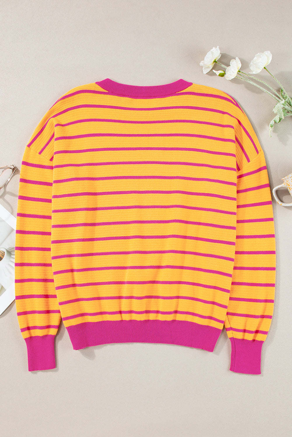 Orange Stripe Round Neck Drop Shoulder Loose Sweater