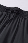 Black Plain Drawstring Shirred Elastic Waist Wide Leg Pants