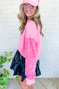 Pink Sequin Patchwork Long Sleeve Pullover Top