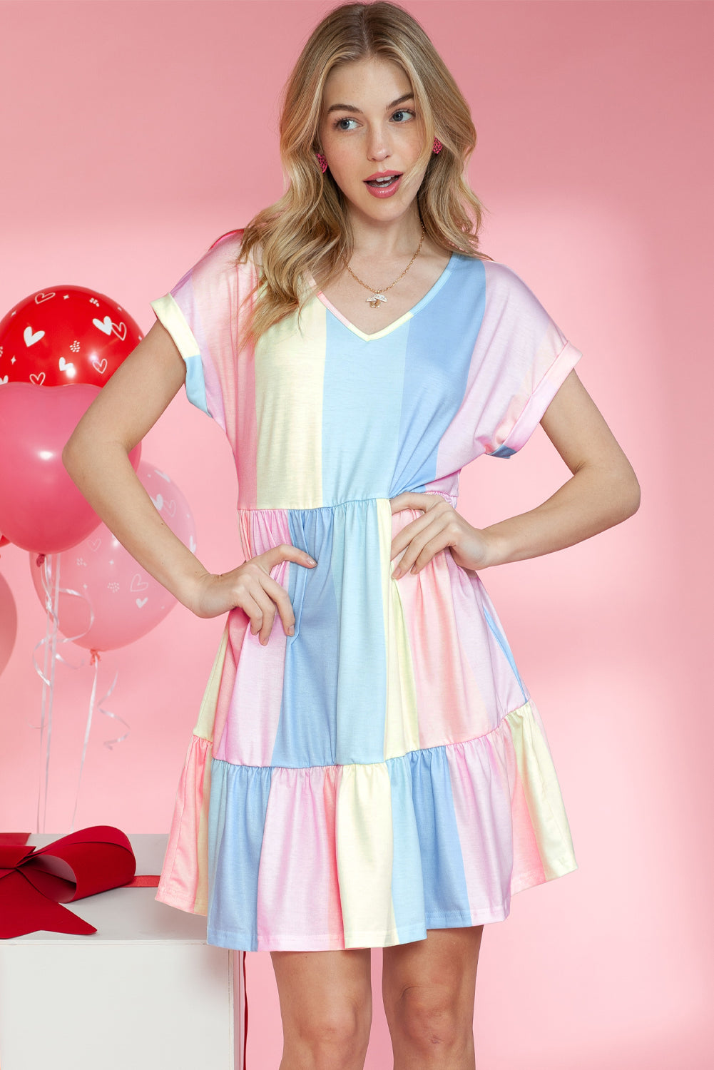 Multicolor Striped Rainbow V Neck Short Sleeve Tiered Dress