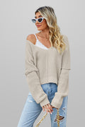 Apricot Solid Color Waffle Knit V Neck Sweater