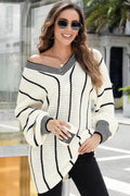 White Contrast V Neck Loose Tunic Sweater