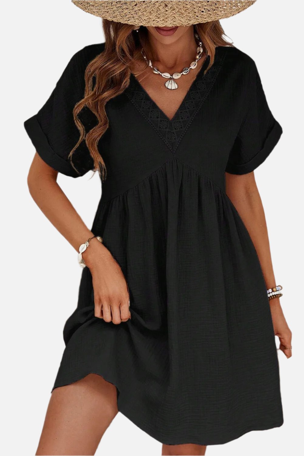 Black Folded Short Sleeve Lace V Neck Mini Dress