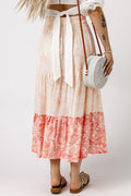 Pink Floral Print Boho Ruffle Hem Tiered Maxi Skirt