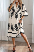 Black Ethnic Print 3/4 Sleeve Loose Midi Dress