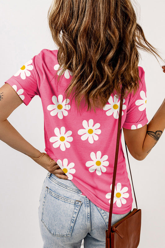 Pink Daisy Print Crewneck T Shirt