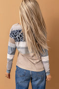 Leopard Print Color Block Pullover Long Sleeve Top