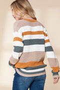 Taupe Striped Color Block Crewneck Knitted Sweater