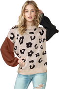 Coffee Leopard Print Patchwork Pullover Sweater