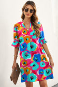 Multicolor Floral Print Mandarin Collar Short Sleeve Tunic Dress