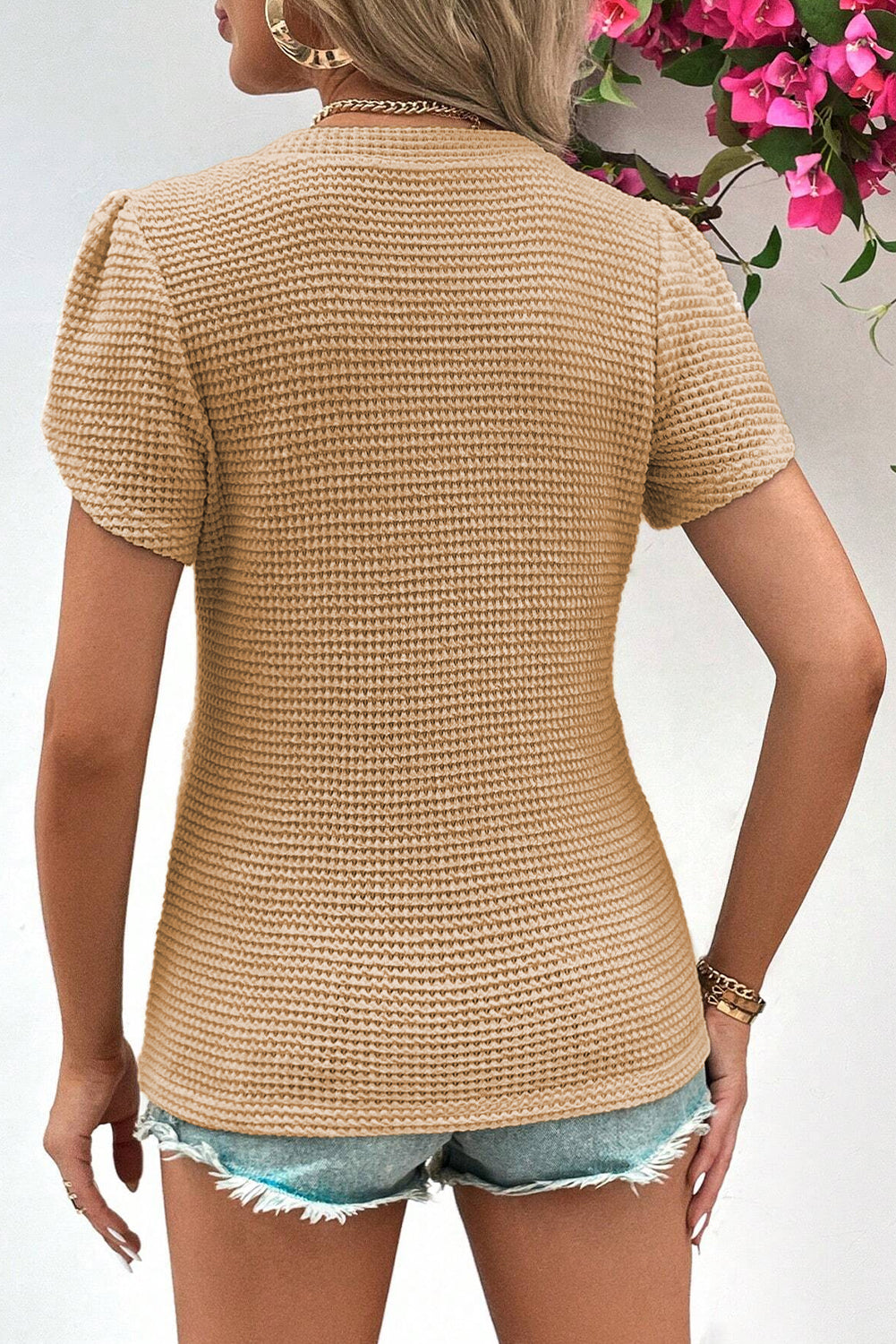 Mist Green Petal Sleeve Waffle Knit V Neck T-Shirt