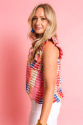 Multicolour Stripe Smocked Ruffle Sleeveless Stand Neck Blouse