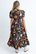 Black Retro Floral Printed Split Neck Ricrac Maxi Dress