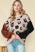 Coffee Leopard Print Patchwork Pullover Sweater