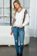 White Color Block Exposed Seam V Neck Long Sleeve Top