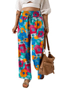 Multicolor Floral Abstract Print Drawstring Wide Waistband Pants