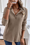 Rose Drop Shoulder Ribbed Knit Long Sleeve Henley Top