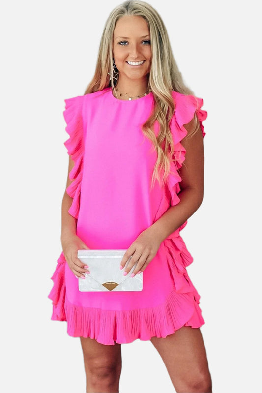 Bright Pink Ruffle Trim Short Sleeve Mini Dress