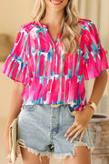 Rose Abstract Brushwork Print Buttoned V Neck Blouse