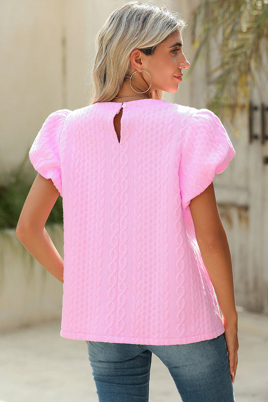 Pink Textured Puff Sleeve Round Neck T-Shirt