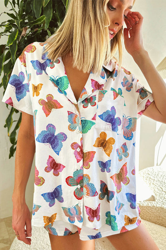 Multicolour Butterfly Print Button-up Shirt & Shorts Pajama Set