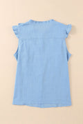 Light Blue Ruffle Trim Sleeveless Button Up Shirt