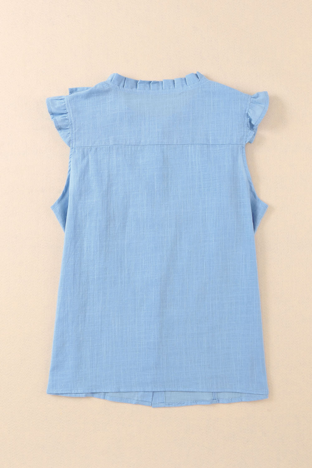 Light Blue Ruffle Trim Sleeveless Button Up Shirt