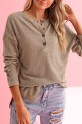 Rose Drop Shoulder Ribbed Knit Long Sleeve Henley Top