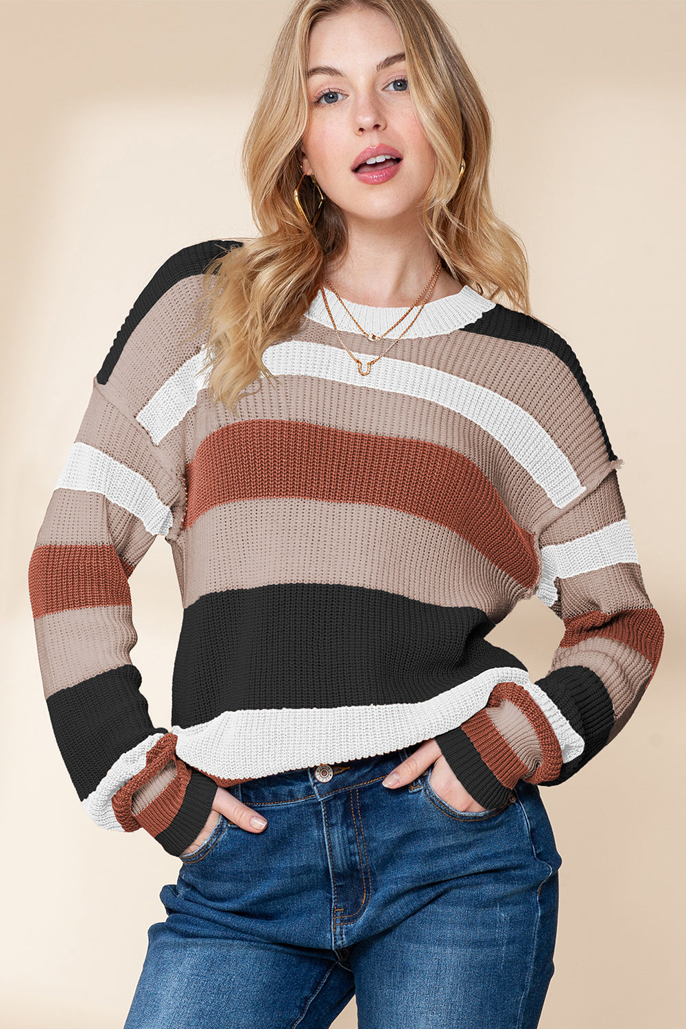 Taupe Striped Color Block Crewneck Knitted Sweater