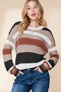 Taupe Striped Color Block Crewneck Knitted Sweater