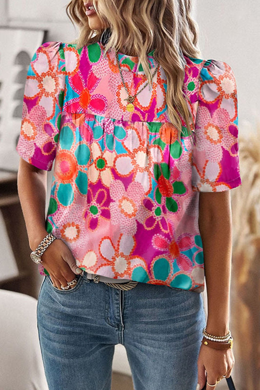 Rose Red Floral Print Short Sleeve Loose Shirt