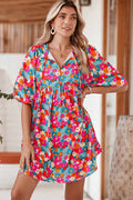 Sky Blue Boho Floral Print V Neck Lantern Sleeve Babydoll Dress