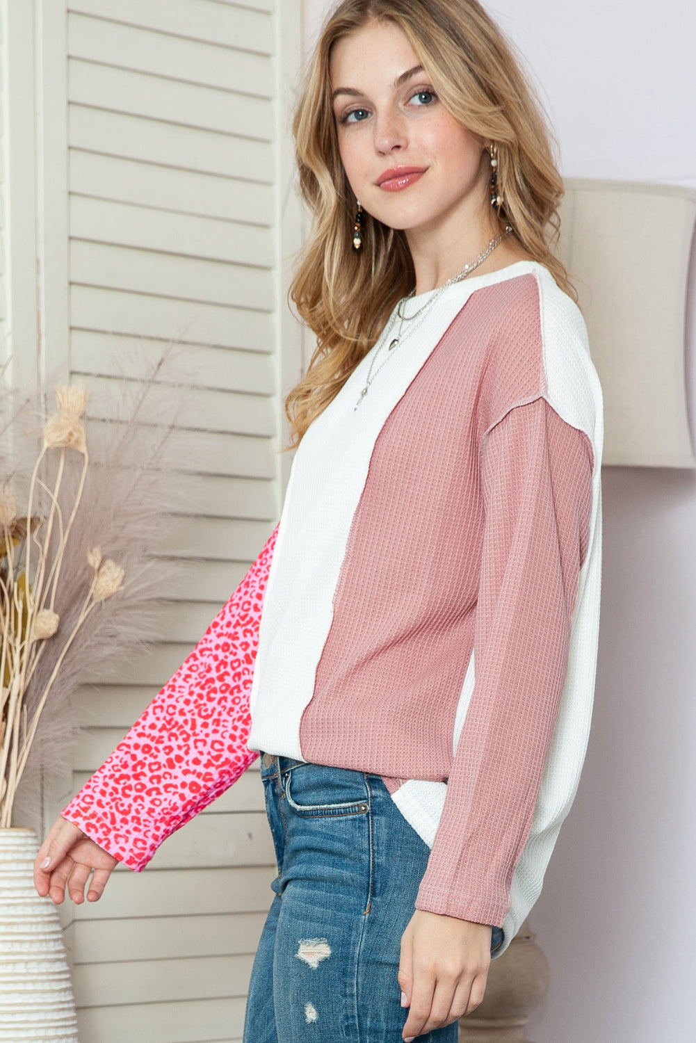 Pink and White Color Block Leopard Print Waffle Knit Long Sleeve Top