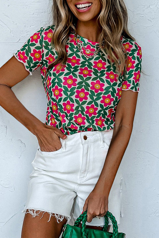 Pink Leopard Sequin Colorblock Patchwork Short Sleeve Top