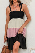 Black Smocked Color Block Sleeveless Short Dress