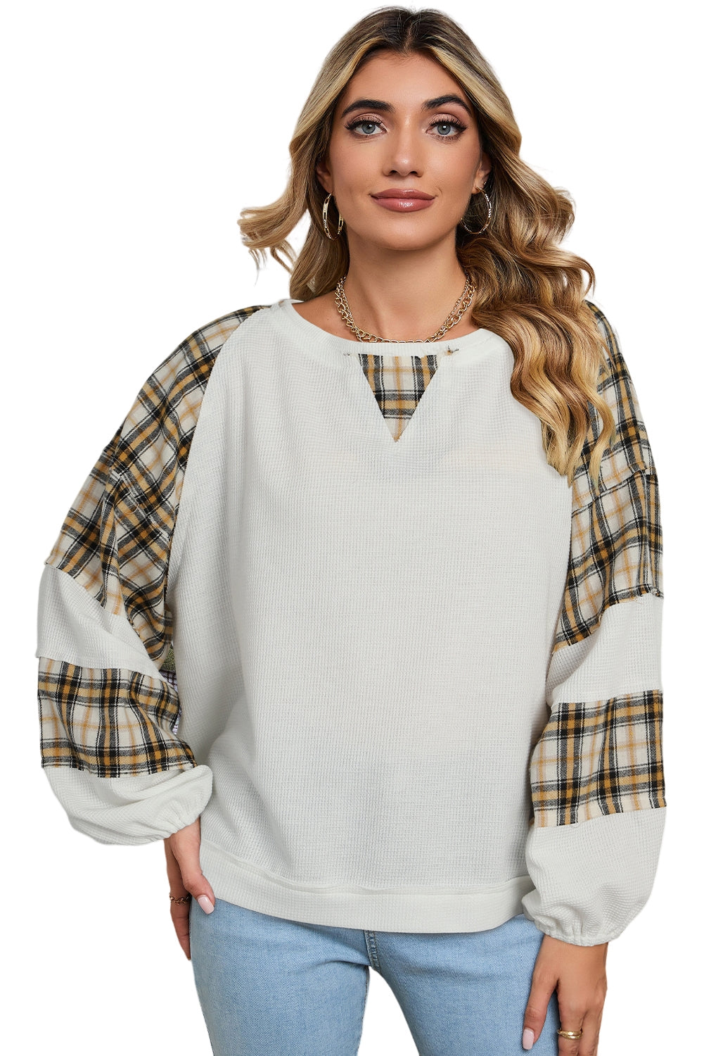 White Plaid Patch Waffle Knit Long Sleeve Top