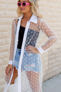 White Polka Dot Print Collared Buttoned Mesh Cover Up