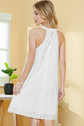 White Lace Eyelet Sleeveless O-Neck Keyhole Back Mini Dress