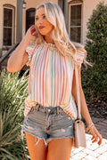 Striped Flutter Sleeve Frilled Neck Casual Sleeveless Shirt