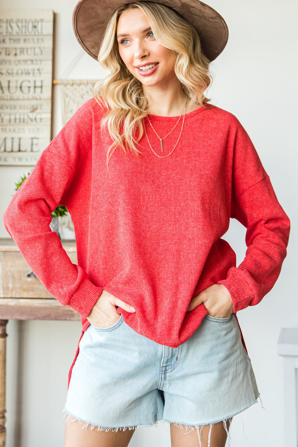 Red Waffle Knit Side Slit Pullover Long Sleeve Top