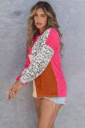 Rosy Leopard Patchwork Color Block Ribbed Long Sleeve Top