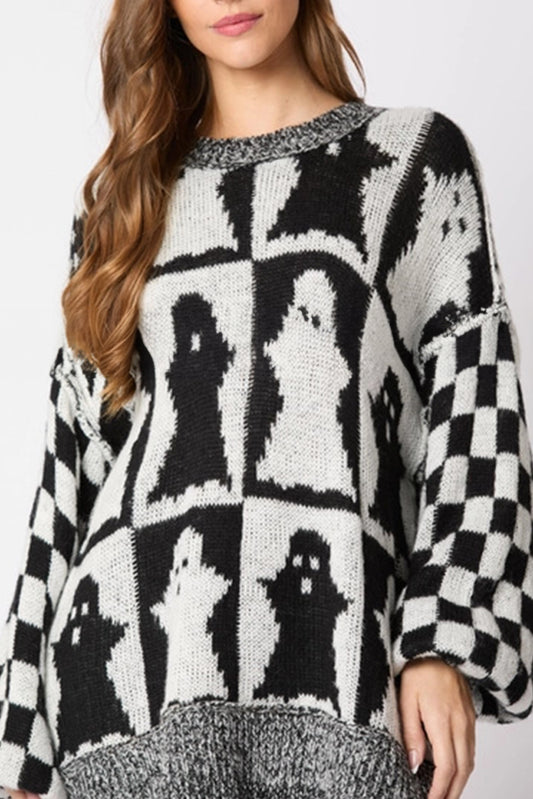 Black Checkerboard Print Halloween Ghost Sweater