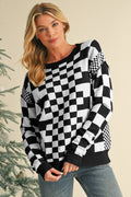 Black Checkered Drop Shoulder Round Neck Sweater