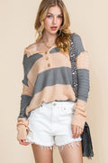 Khaki Colorblock Ribbed Contrast Trim Henley Sweater