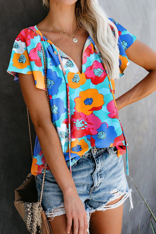 Multicolor Geometric Printed V Neck Short Sleeve Blouse