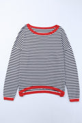 Striped Print Trim Drop Sleeve Knit Pullover Sweater